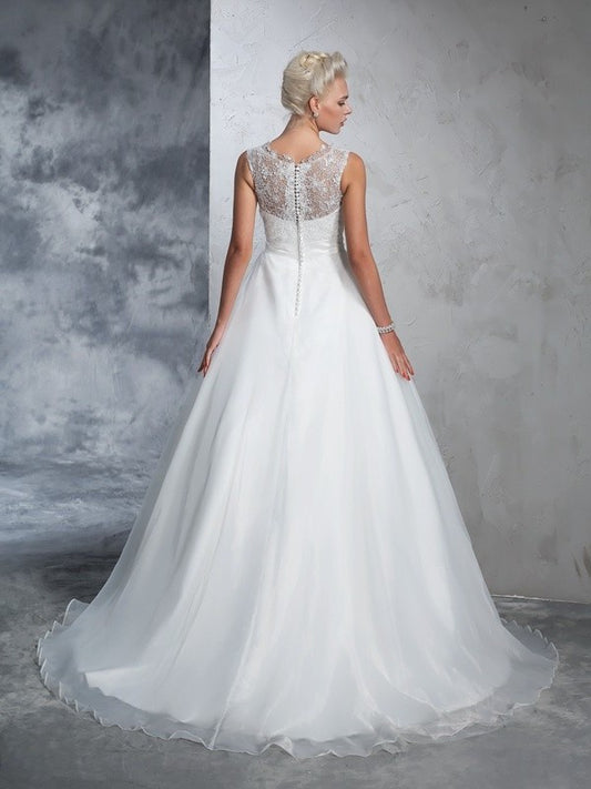 Neck Long Gown Sleeveless Sheer Ball Lace Net Wedding Dresses