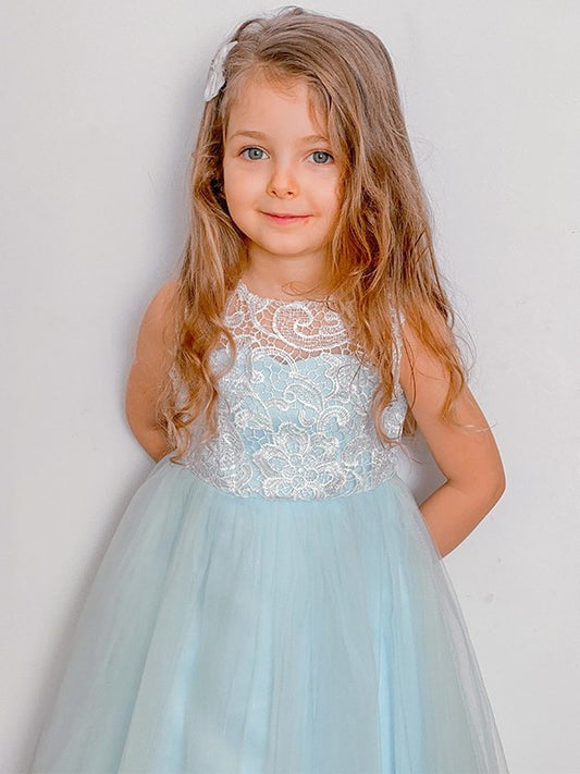 A-Line/Princess Lace Scoop Ankle-Length Tulle Sleeveless Flower Girl Dresses