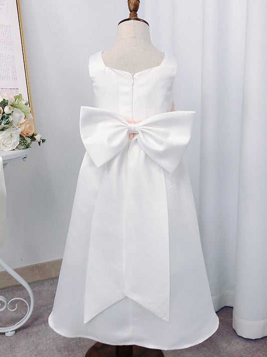 Tea-Length Square Sleeveless Hand-Made A-Line/Princess Flower Satin Flower Girl Dresses