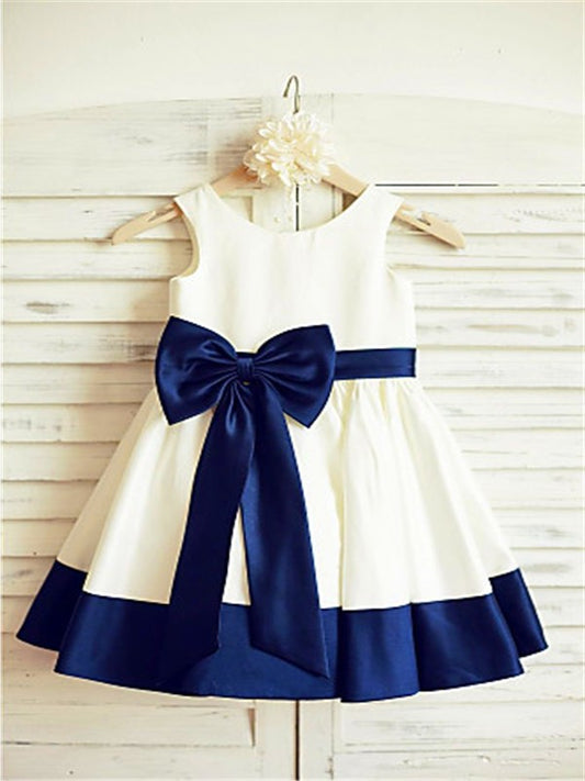 Bowknot Scoop Satin Sleeveless Knee-Length A-line/Princess Flower Girl Dresses