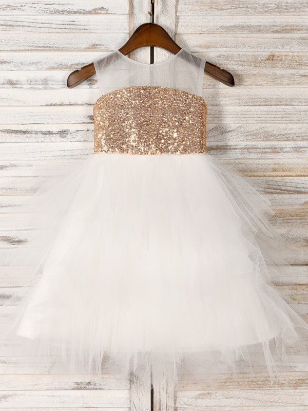 Sleeveless Scoop Tulle Tea-Length Paillette A-Line/Princess Flower Girl Dresses