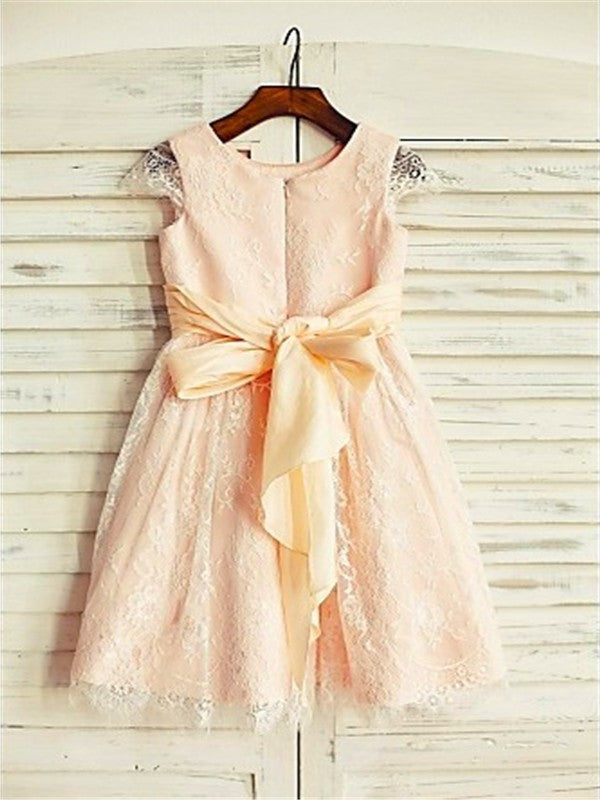 Sash/Ribbon/Belt Tea-Length A-line/Princess Lace Scoop Short Sleeves Flower Girl Dresses