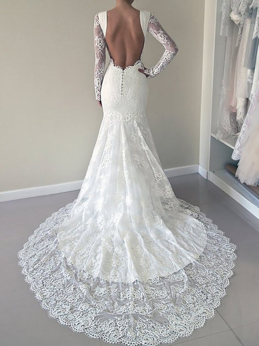 Court Long Train Trumpet/Mermaid Scoop Sleeves Lace Wedding Dresses