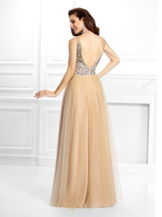 Sleeveless Gown Beading Long Ball V-neck Satin Quinceanera Dresses