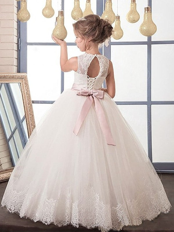 Floor-Length Ball Gown Scoop Sleeveless Tulle Sash/Ribbon/Belt Flower Girl Dresses