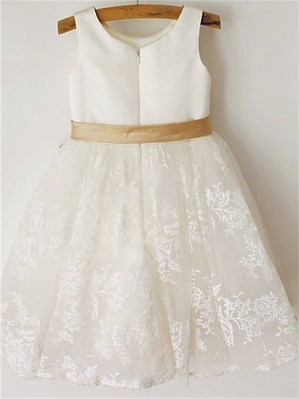 A-line/Princess Sleeveless Bowknot Scoop Lace Tea-Length Flower Girl Dresses