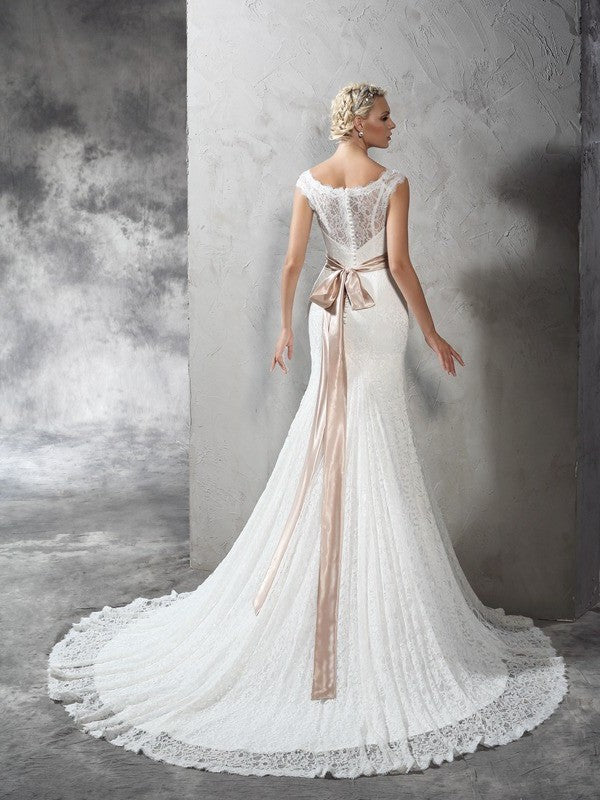 Sleeveless Long Neck Sheer Sheath/Column Sash/Ribbon/Belt Lace Wedding Dresses