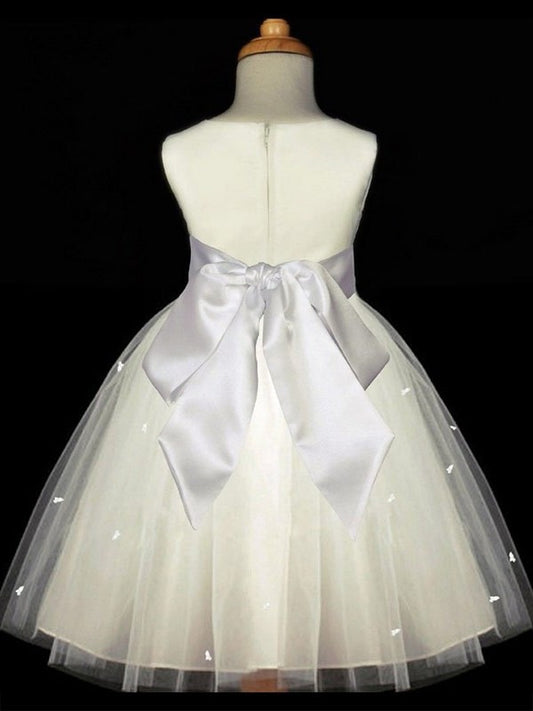 A-line/Princess Hand-made Scoop Flower Sleeveless Long Tulle Flower Girl Dresses