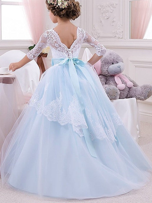 Gown Ball 1/2 Sleeves Tulle Lace Jewel Floor-Length Flower Girl Dresses