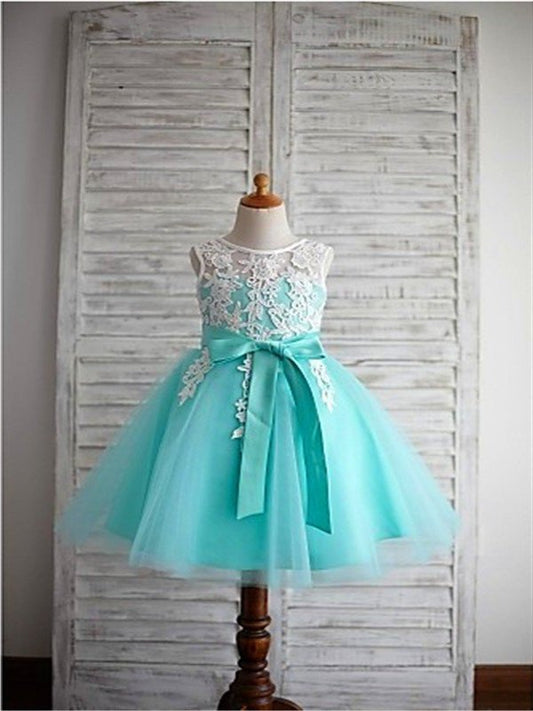 Gown Knee-Length Scoop Bowknot Sleeveless Ball Tulle Flower Girl Dresses