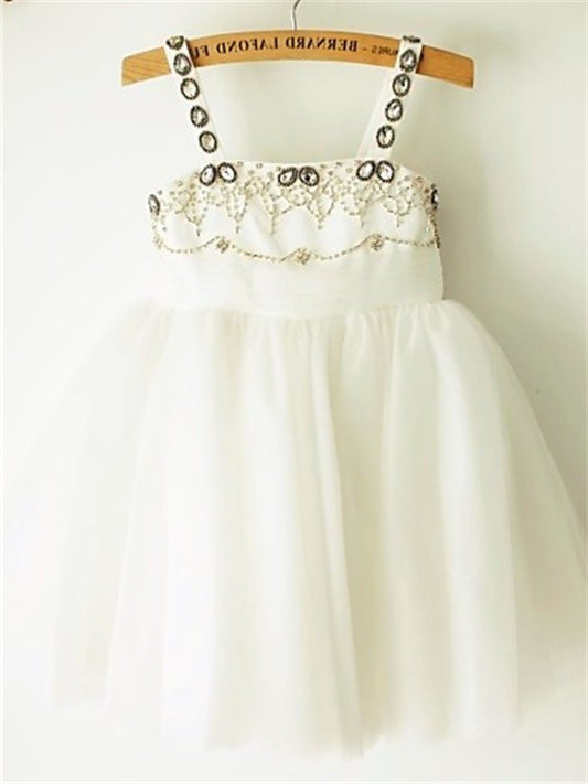 Beading Sleeveless Tulle A-line/Princess Straps Spaghetti Tea-Length Flower Girl Dresses