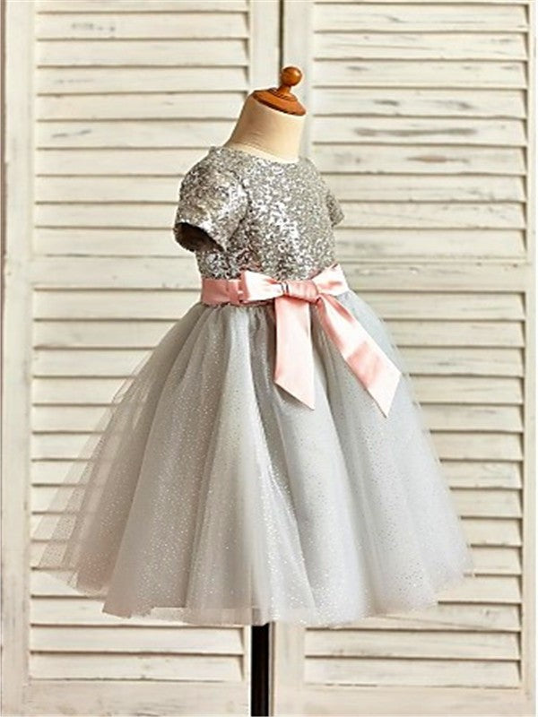 Scoop Tulle Sequin Short Tea-Length A-line/Princess Sleeves Flower Girl Dresses