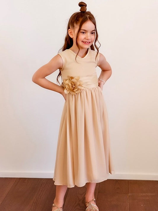 Scoop Hand-Made Tea-Length Chiffon A-Line/Princess Flower Sleeveless Flower Girl Dresses