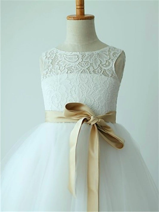 A-line/Princess Tulle Tea-Length Sleeveless Scoop Sash/Ribbon/Belt Flower Girl Dresses