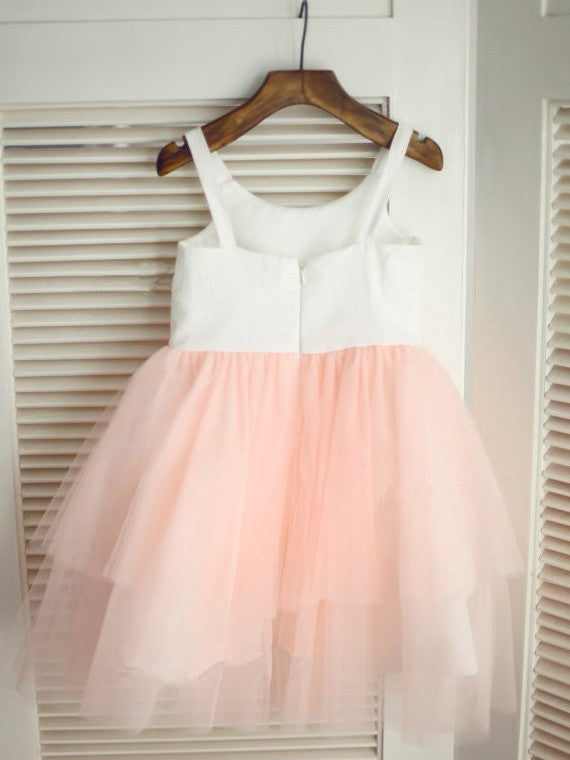 Flower Tulle A-line/Princess Long Spaghetti Sleeveless Hand-made Straps Flower Girl Dresses