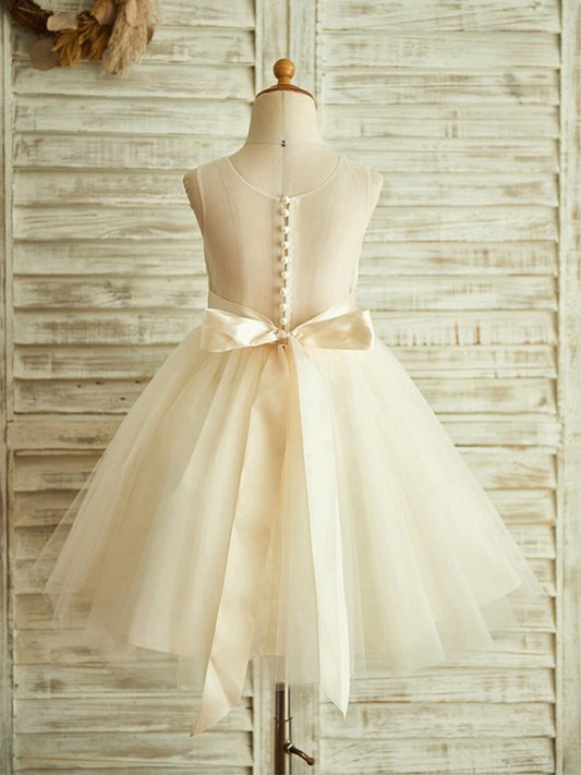 A-Line/Princess Sleeveless Tea-Length Tulle Lace Scoop Flower Girl Dresses