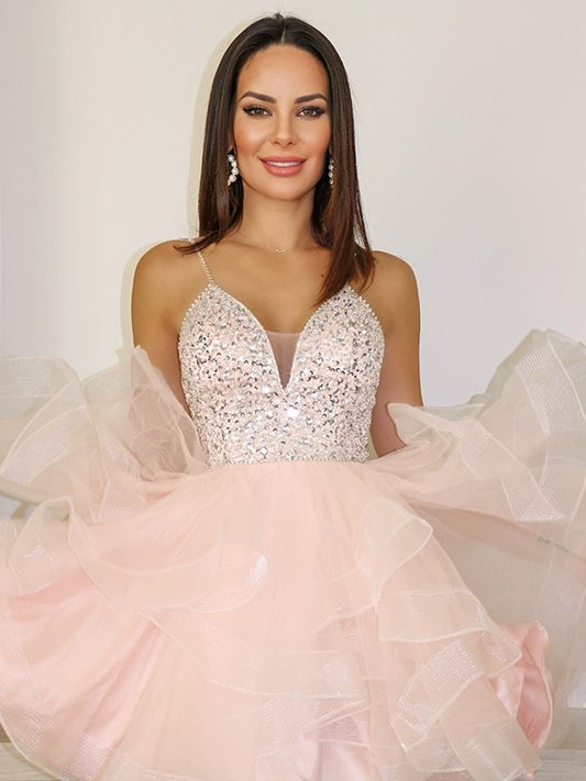 Sleeveless Beading Organza A-Line/Princess Spaghetti Straps Short/Mini Homecoming Dresses