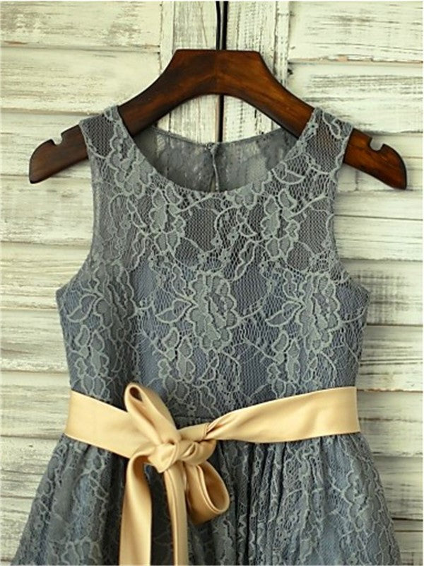 Sleeveless Lace Tea-Length Scoop A-line/Princess Sash/Ribbon/Belt Flower Girl Dresses