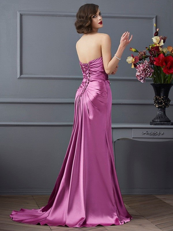 Elastic Beading Sweetheart Long Sleeveless Sheath/Column Woven Satin Dresses