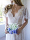 A-Line/Princess Short Sash/Ribbon/Belt Lace V-neck Sweep/Brush Sleeves Train Wedding Dresses