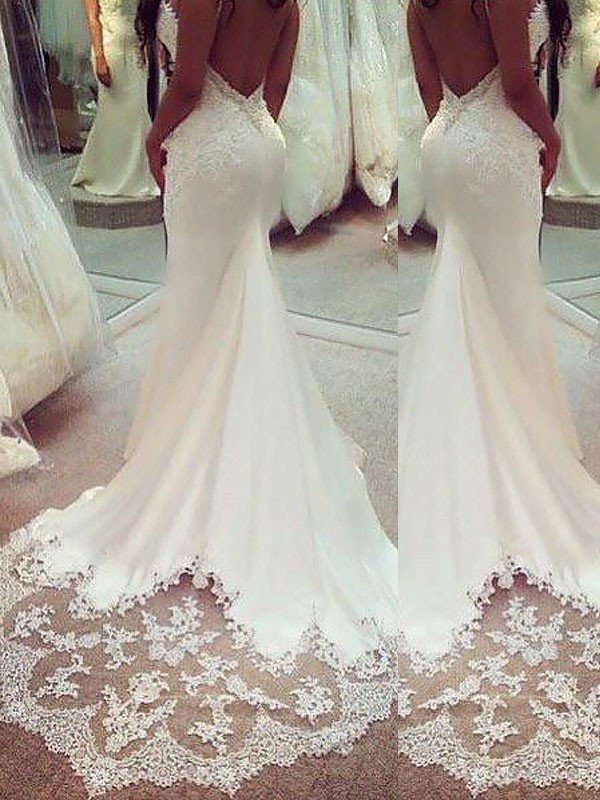 Sleeveless Spaghetti Straps Applique Satin Trumpet/Mermaid Court Train Wedding Dresses