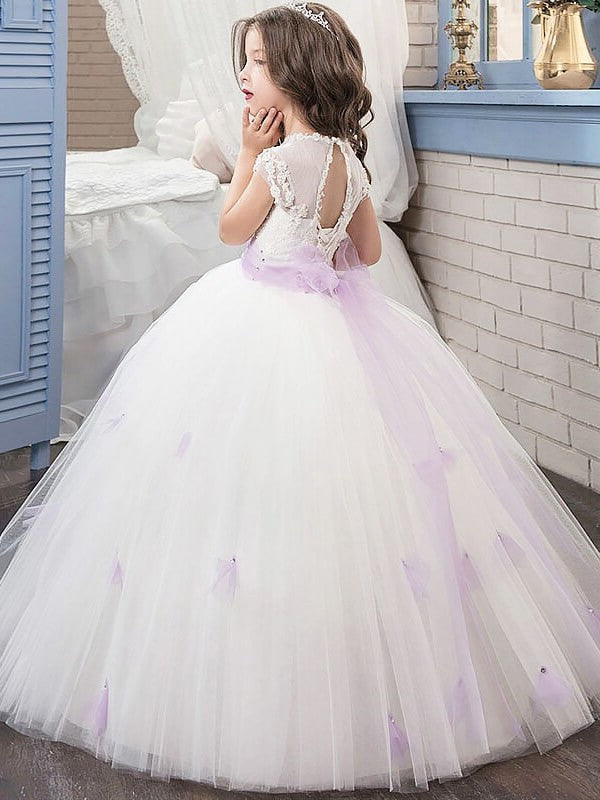 Floor-Length Short Sleeves Gown Tulle Ball Jewel Sash/Ribbon/Belt Flower Girl Dresses