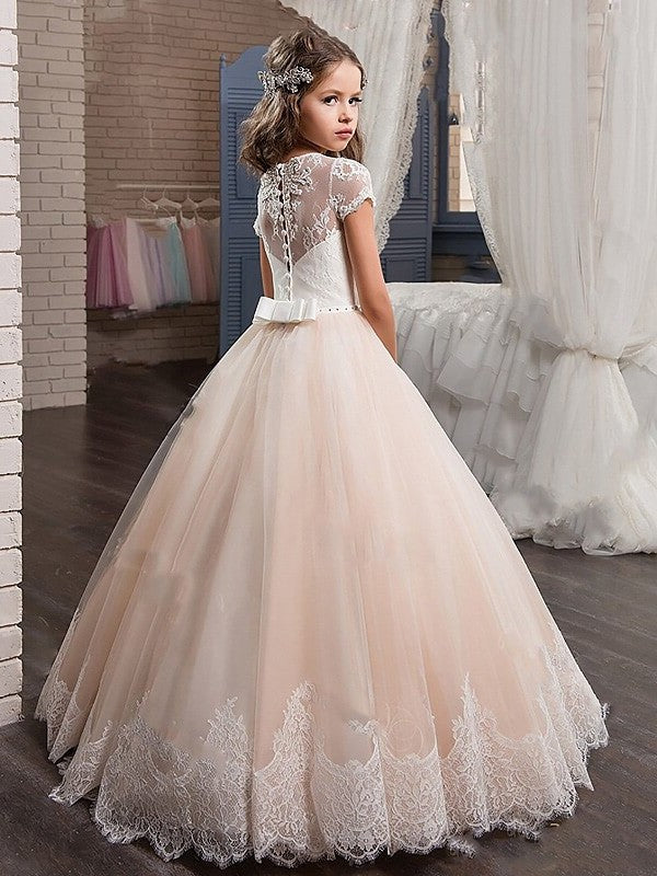 V-neck Gown Short Lace Tulle Ball Sleeves Floor-Length Flower Girl Dresses