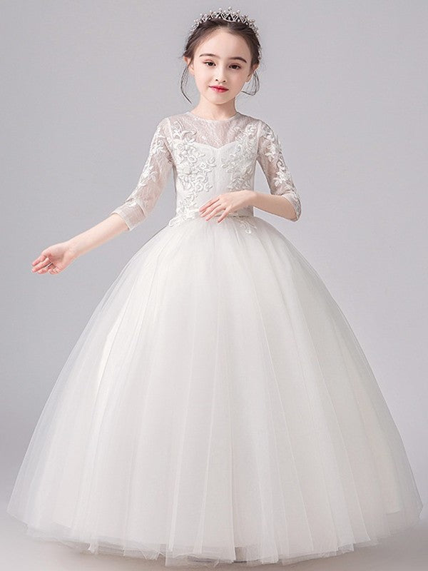 Bowknot Scoop A-Line/Princess 3/4 Floor-Length Sleeves Lace Flower Girl Dresses