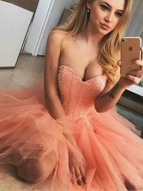 Beading Sleeveless Tulle A-Line/Princess Sweetheart Short/Mini Homecoming Dresses