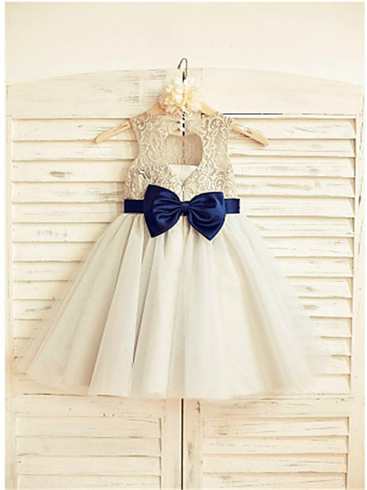 Tulle Lace A-line/Princess Sleeveless Scoop Tea-Length Flower Girl Dresses