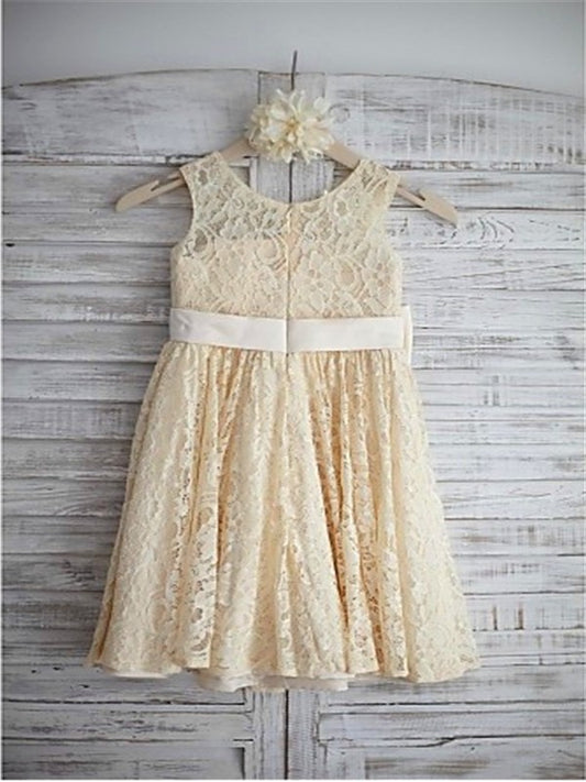 Scoop A-line/Princess Lace Knee-Length Bowknot Sleeveless Flower Girl Dresses