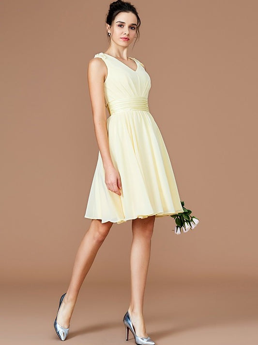 Sash/Ribbon/Belt A-Line/Princess Sleeveless V-neck Short/Mini Chiffon Bridesmaid Dresses