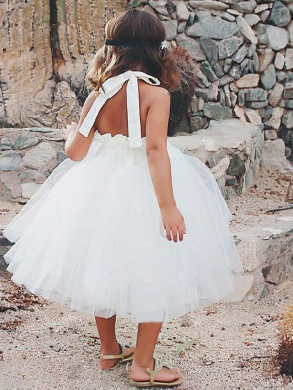 A-Line/Princess Tea-Length Tulle Halter Ruffles Sleeveless Flower Girl Dresses