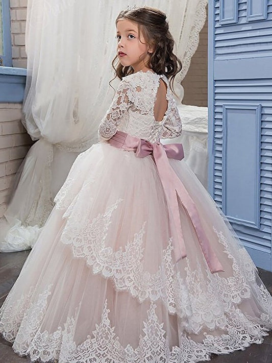 Tulle Sleeves Lace Ball Gown Floor-Length Long Jewel Flower Girl Dresses