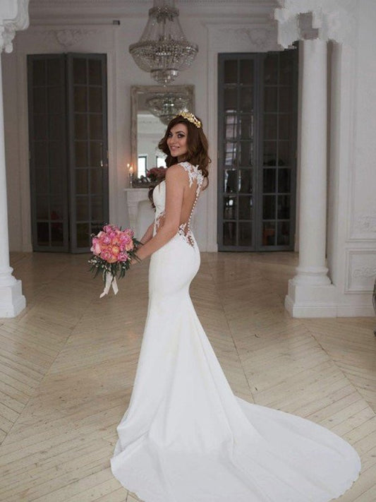 Scoop Sleeveless Sweep/Brush Train Trumpet/Mermaid Applique Lace Wedding Dresses