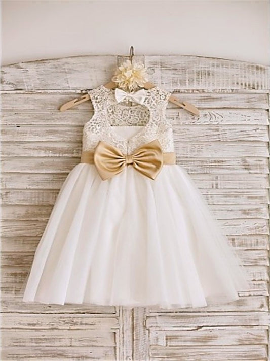 Bowknot A-line/Princess Sleeveless Scoop Knee-Length Tulle Flower Girl Dresses