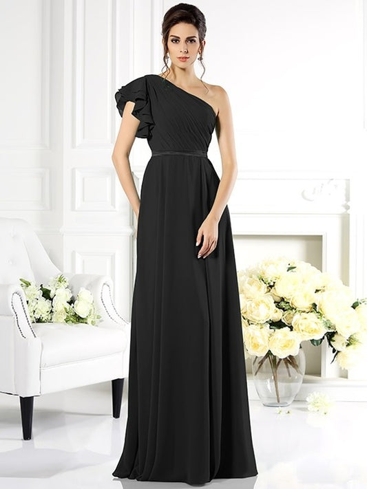 Ruffles One-Shoulder A-Line/Princess Sleeveless Long Chiffon Bridesmaid Dresses