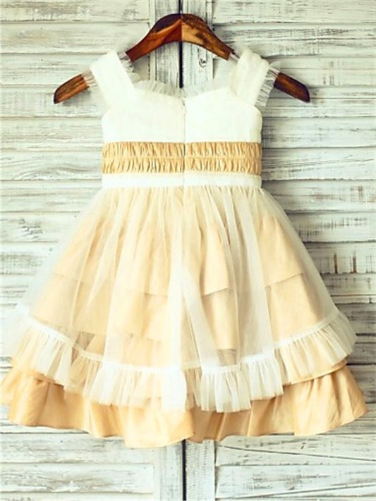 A-line/Princess Sleeveless Layers Tea-Length Satin Square Flower Girl Dresses