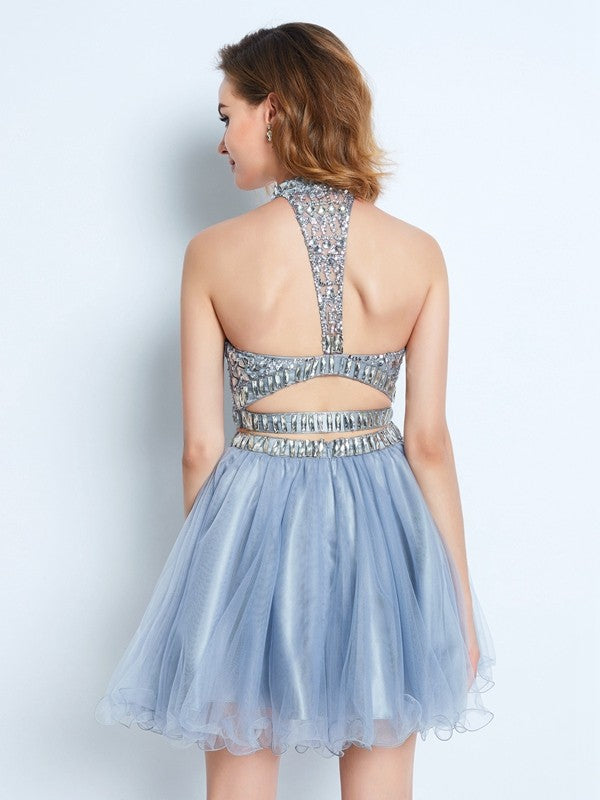 A-Line/Princess Lailah High Neck Sleeveless Homecoming Dresses Beading Short/Mini Net Two Piece Dresses