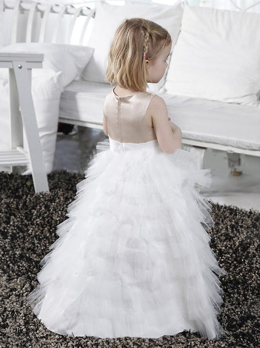 Scoop A-line/Princess Sleeveless Long Tulle Bowknot Flower Girl Dresses