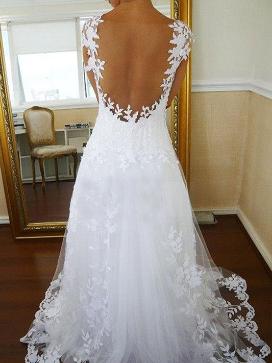 Sleeveless Sweep/Brush V-neck A-Line/Princess Lace Train Tulle Wedding Dresses