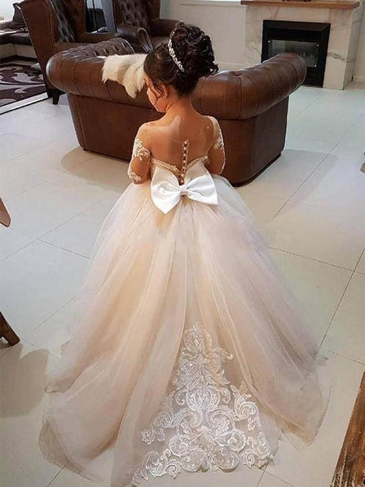 Sweep/Brush Tulle Gown Sleeves Ball Long Train Applique Off-the-Shoulder Flower Girl Dresses