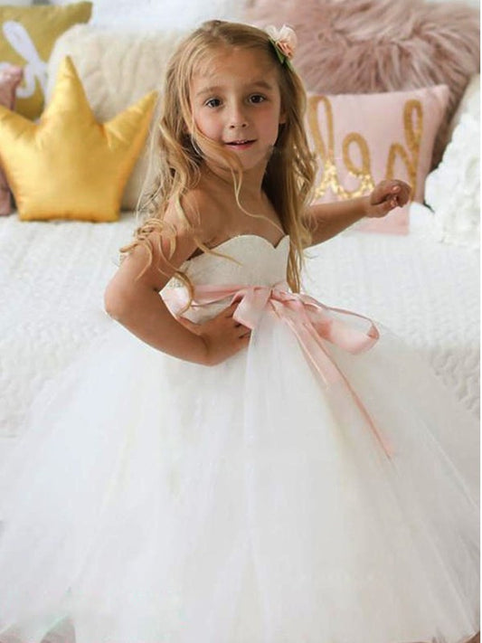 Ankle-Length A-Line/Princess Sweetheart Tulle Sash/Ribbon/Belt Sleeveless Flower Girl Dresses