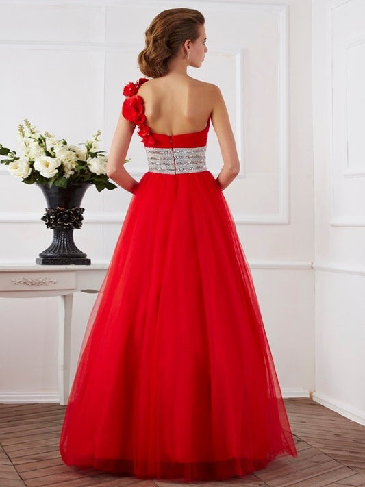 Long Flower One-Shoulder Ball Gown Sleeveless Hand-Made Net Quinceanera Dresses