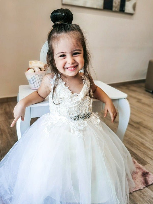 Ankle-Length Lace Tulle A-Line/Princess Sleeveless V-neck Flower Girl Dresses