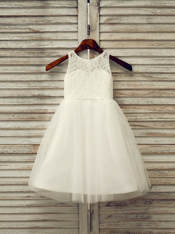 Tea-Length Sleeveless Tulle A-Line/Princess Lace Scoop Flower Girl Dresses