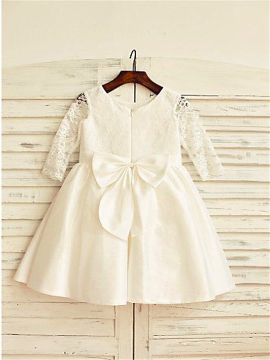 Jewel A-line/Princess Satin Lace Tea-Length Long Sleeves Flower Girl Dresses