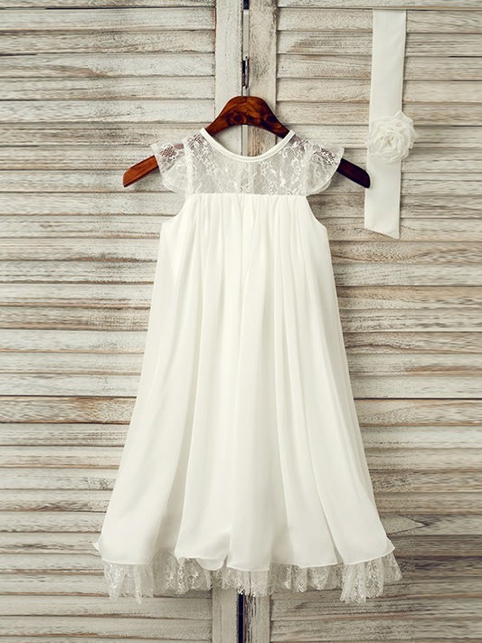 A-Line/Princess Scoop Chiffon Lace Tea-Length Sleeveless Flower Girl Dresses