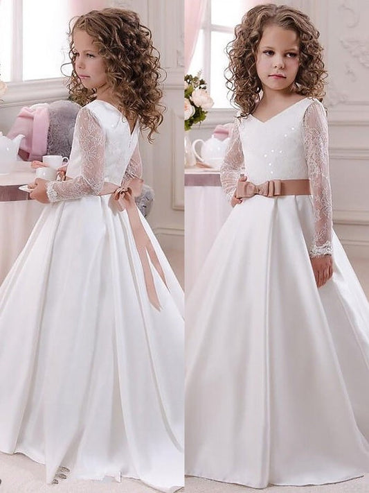 Floor-Length Long V-neck Ball Lace Sleeves Gown Satin Flower Girl Dresses