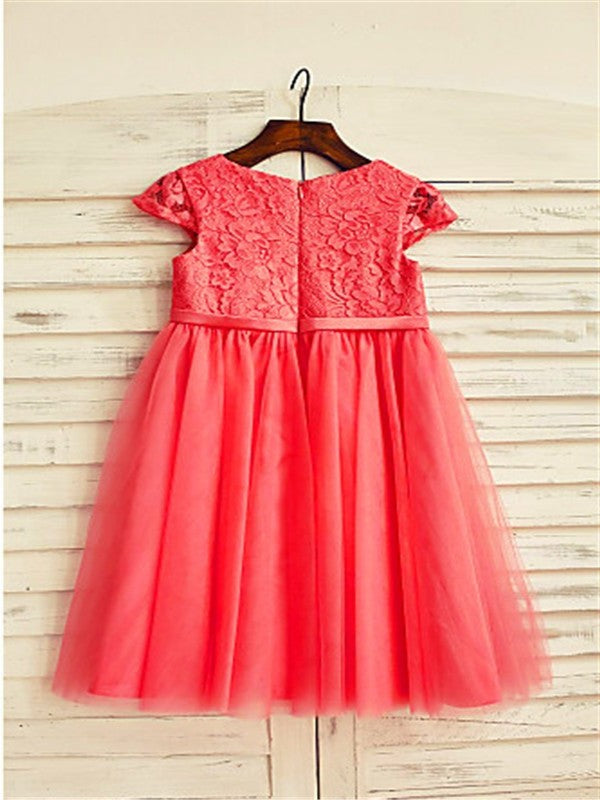 Scoop Tea-Length Sleeves A-line/Princess Lace Tulle Short Flower Girl Dresses